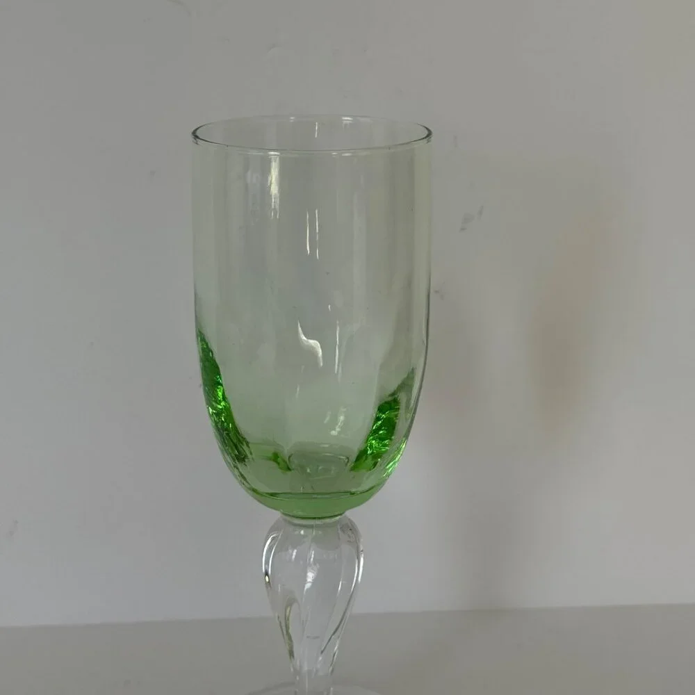 Vintage Green & Clear Glass Wine Goblet With Elegant Stem Design 8.25